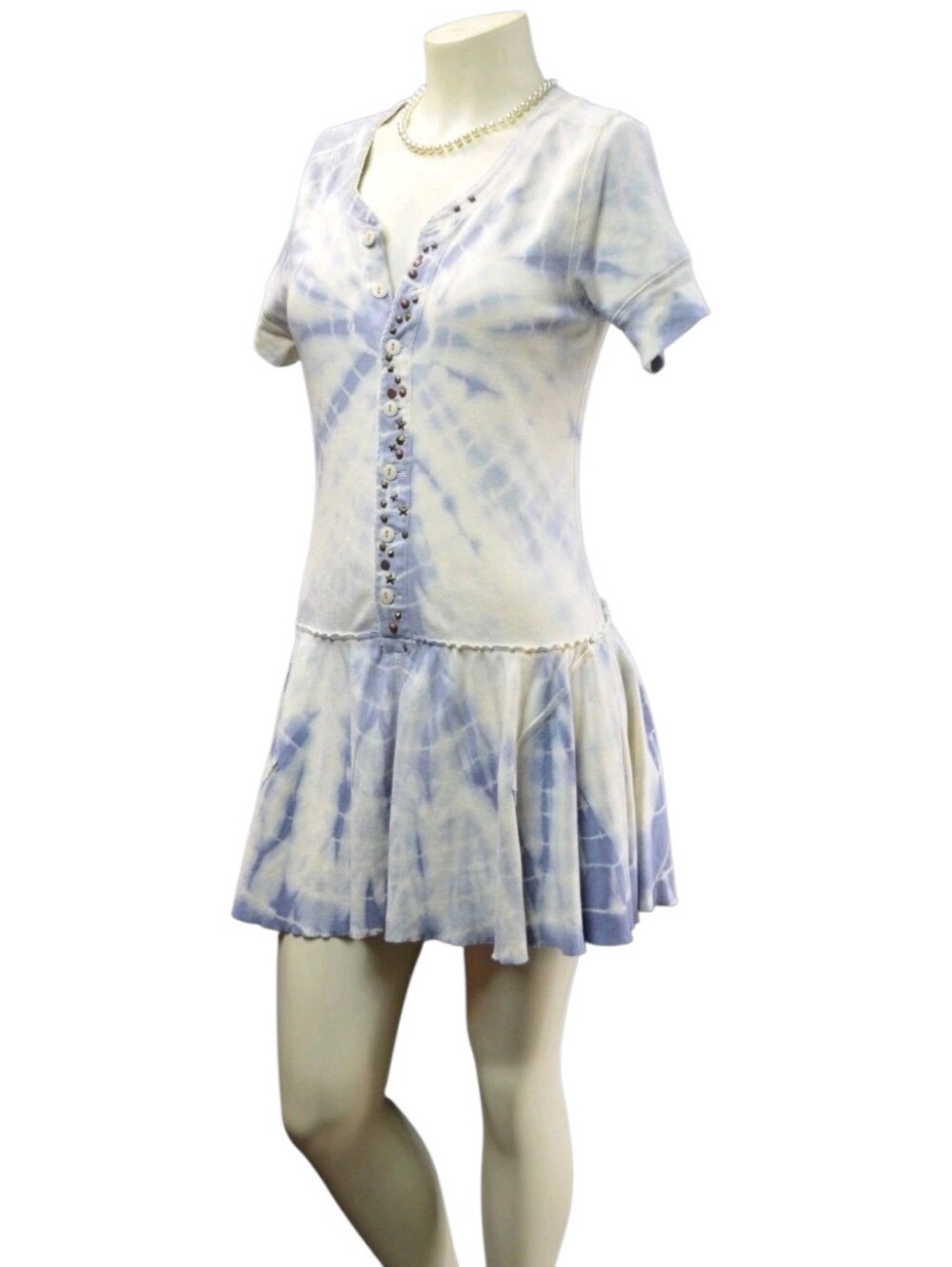 We The Free People Tie-Dye Button-Down Mini Dress Sz S/P Cream Blue Shabby Sport